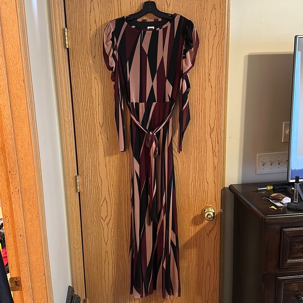 Anne Klein Mesh Print Puff Sleeve Maxi Dress